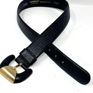 NEW Liz Claiborne Black Leather Croc Embossed Belt Brass & Black Buckle Vintage